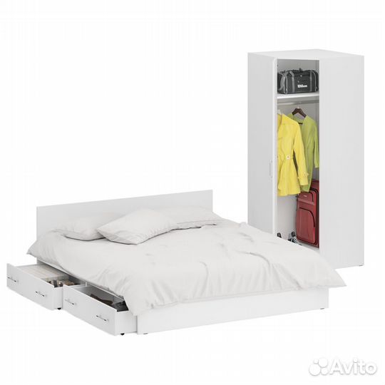 Кровать белая двуспальная с ящиками 1800 с угловым шкафом Стандарт, цвет белый, спальное место 1800х