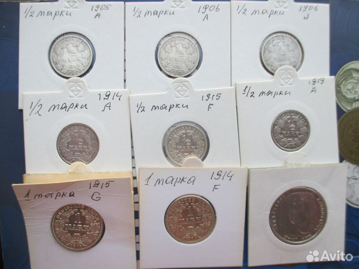 Серебро Германии 1/2,1, марка 1905-1919 год