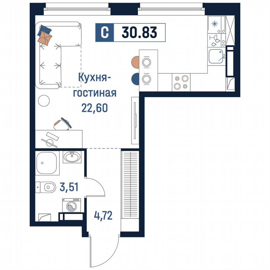 Квартира-студия, 30,8 м², 17/18 эт.
