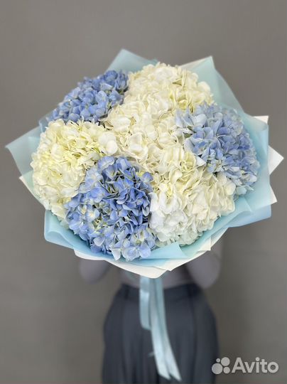 Букет цветов из голубой и белой Гортензии