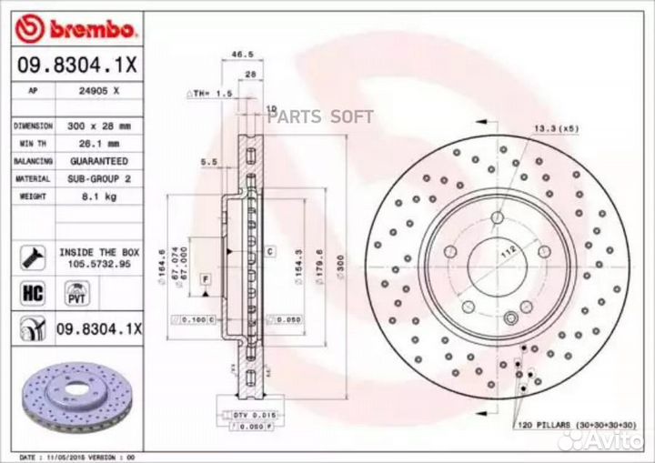 Brembo 09.8304.1X Диск торм.пер.mercedes CLK 97-02