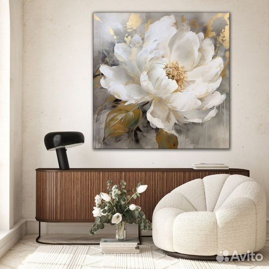 Картина маслом цветы Нежный белый пион