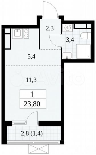 Квартира-студия, 23,8 м², 9/16 эт.
