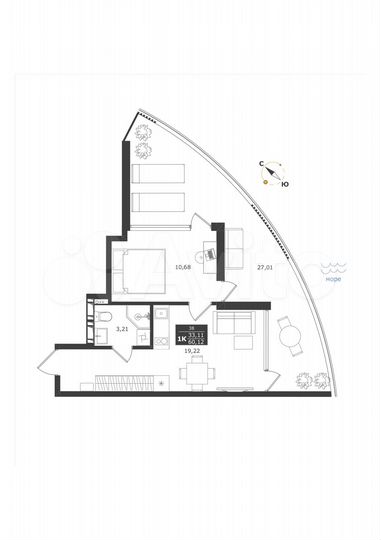 1-к. апартаменты, 60,1 м², 6/11 эт.