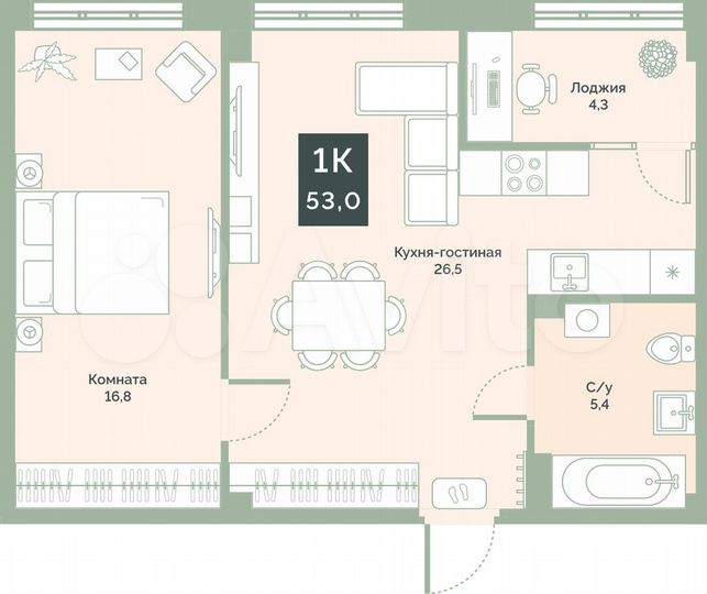 1-к. квартира, 53 м², 2/17 эт.