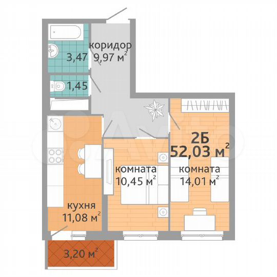 2-к. квартира, 52 м², 5/25 эт.