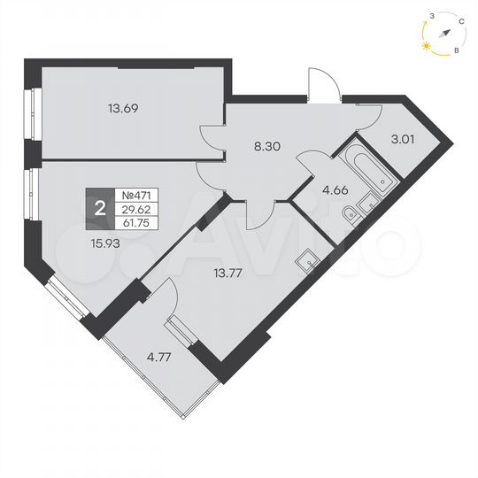2-к. квартира, 61,8 м², 1/25 эт.