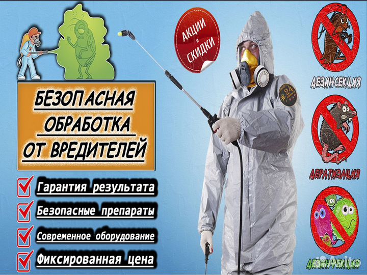 Уничтожение клопов, тараканов, клещей, грызунов