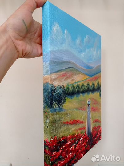 Картина маслом маки, девушка в маковом поле