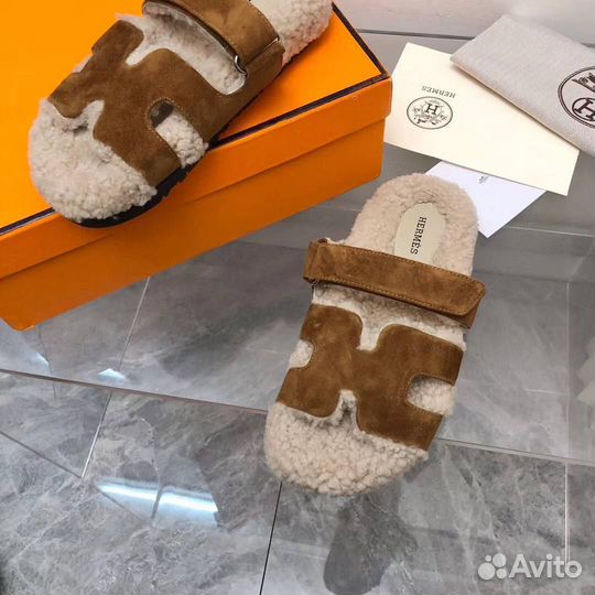 Шлепанцы женские hermes с мехом
