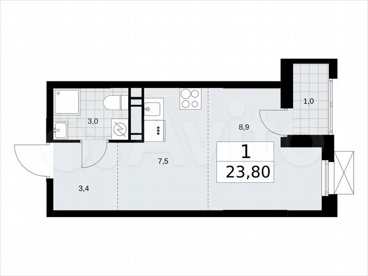 Квартира-студия, 23,8 м², 8/17 эт.