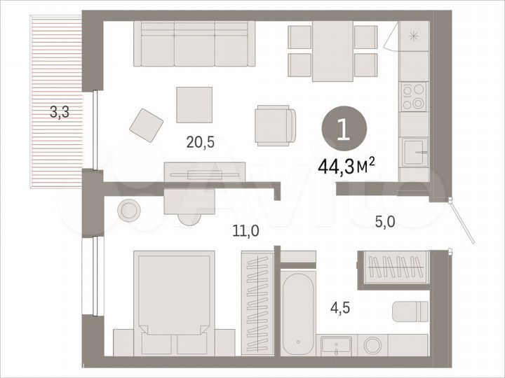 1-к. квартира, 44,3 м², 6/17 эт.