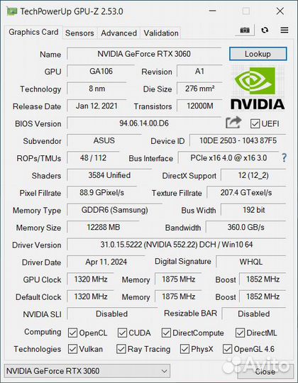 Видеокарта Asus tuf gaming RTX 3060 12Gb