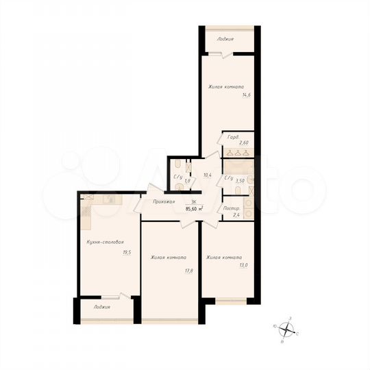 3-к. квартира, 85,6 м², 8/8 эт.