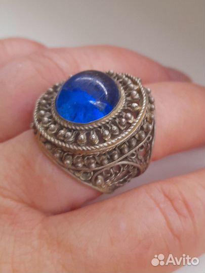 Кольцо/перстень мельхиор синий кабошон/ручная рабо