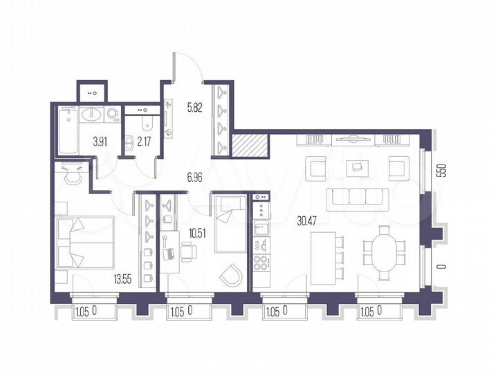 2-к. квартира, 73,4 м², 4/10 эт.