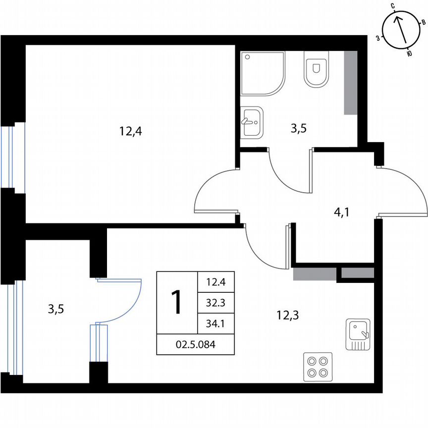 1-к. квартира, 34,1 м², 3/3 эт.