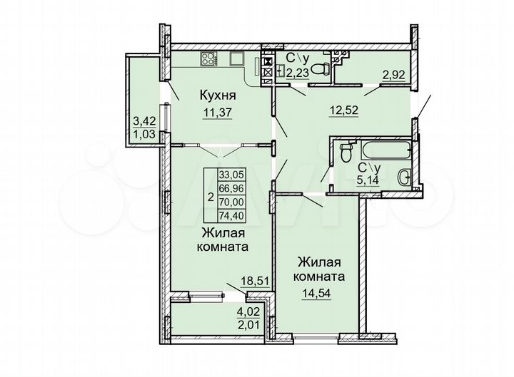 2-к. квартира, 70 м², 2/5 эт.