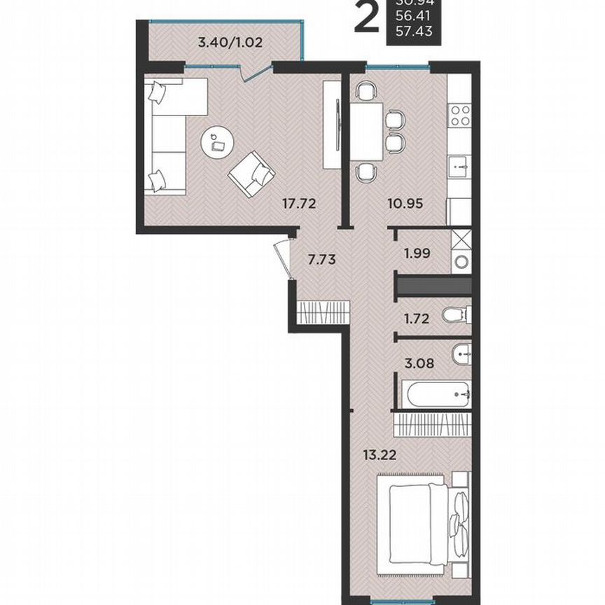 2-к. квартира, 56,9 м², 1/3 эт.