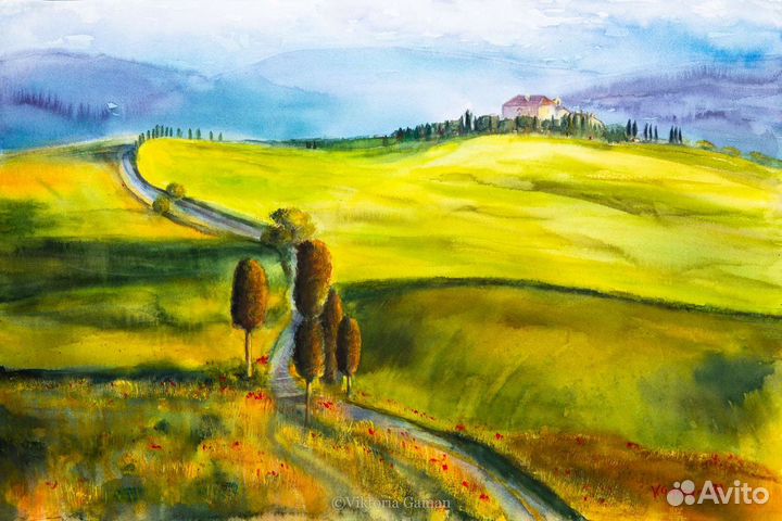 Тосканский пейзаж. Италия. Акварель