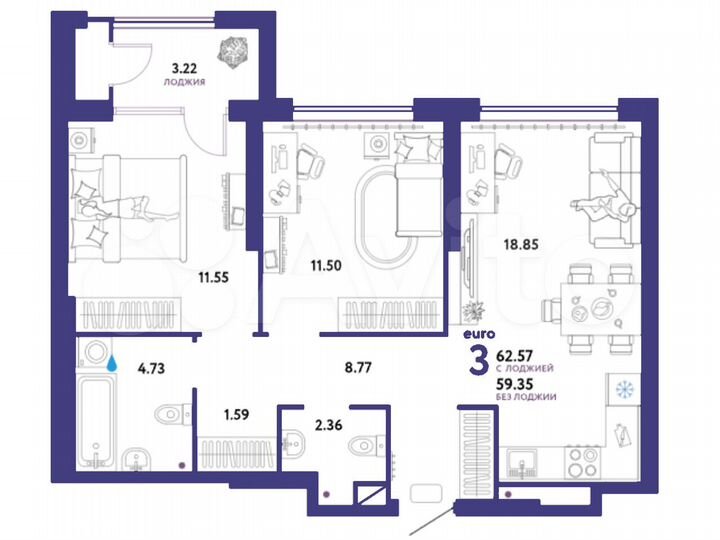 2-к. квартира, 62,6 м², 4/25 эт.