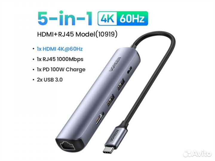 Ugreen USB-C hub 4K60Hz hdmi RJ45 PD (новый)