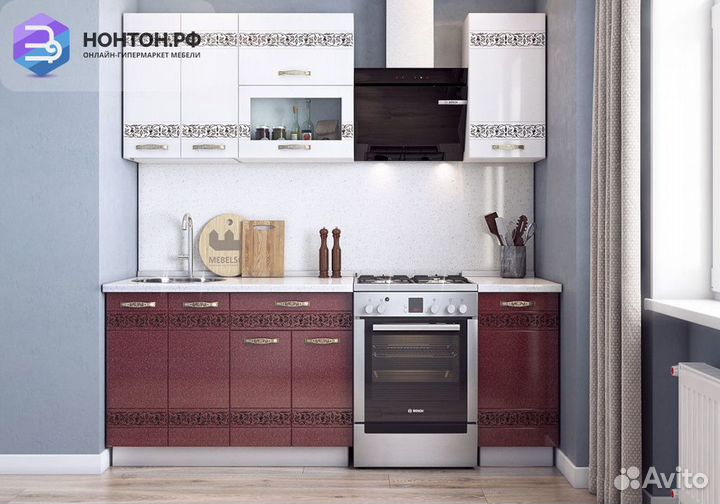 Кухня Мечта 1.6 м белый / белый металлик / гранат