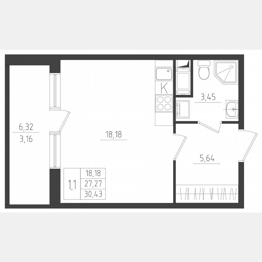 Квартира-студия, 30,4 м², 3/8 эт.