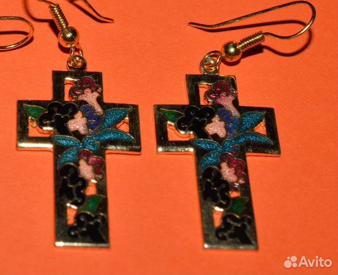 Серьги Крест Кресты стилизованный винтаж эмаль