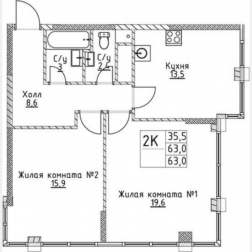 2-к. квартира, 63 м², 14/19 эт.
