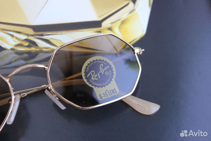 Очки ray ban hexagonal золотая оправа
