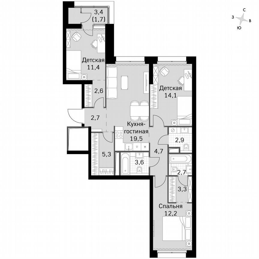 3-к. квартира, 87,5 м², 26/26 эт.