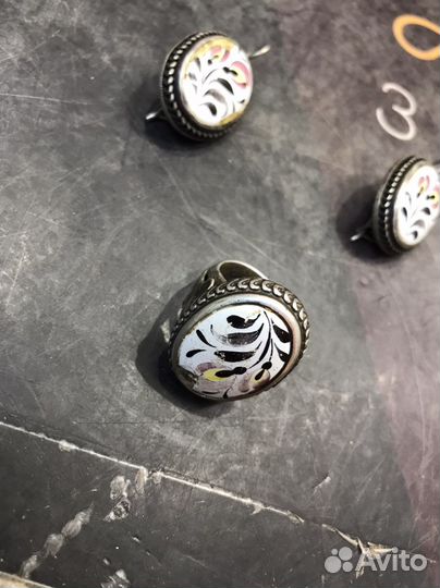 Комплект серьги кольцо серебро эмаль