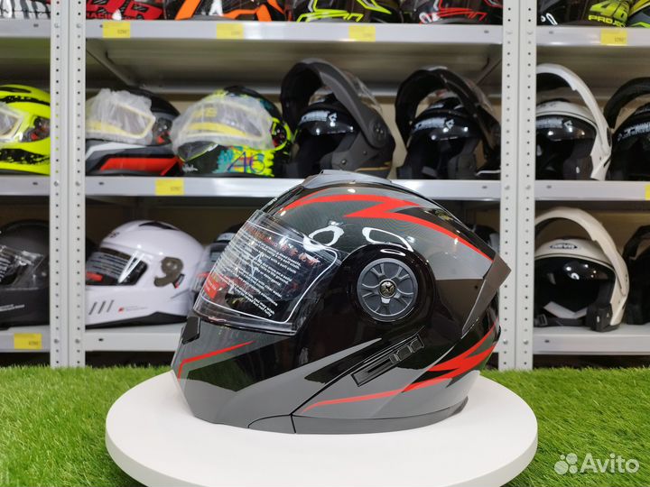 Мотошлем-модуляр. Черный глянцевый с красным