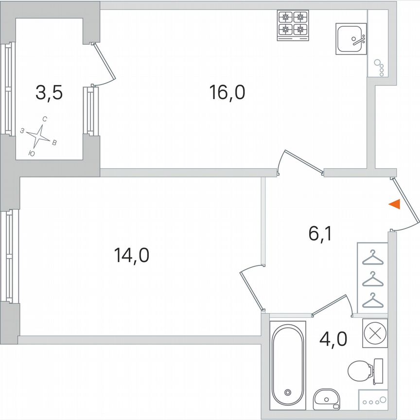 1-к. квартира, 41,9 м², 1/4 эт.