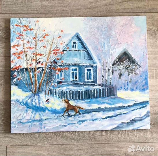 Картина маслом, зимний пейзаж