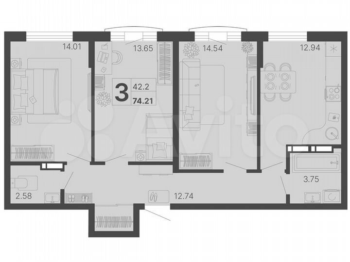 2-к. апартаменты, 73,4 м², 8/20 эт.