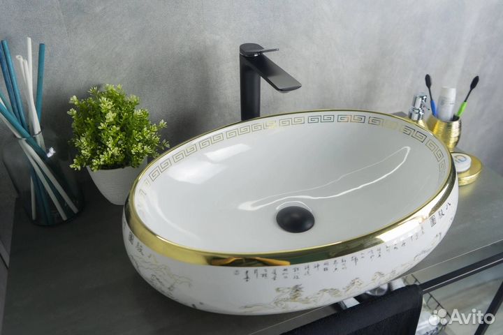 Раковина Gid Lago Nc472 52222 белая с золотом, 60x41x15