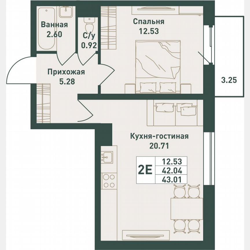 2-к. квартира, 43 м², 12/16 эт.