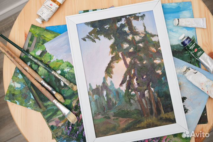 Картина масло на картоне вечерний лес 20*30