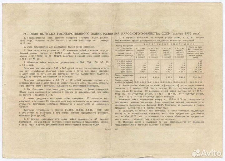 Облигация 100 рублей 1952 год. Серия № 128801. F-V