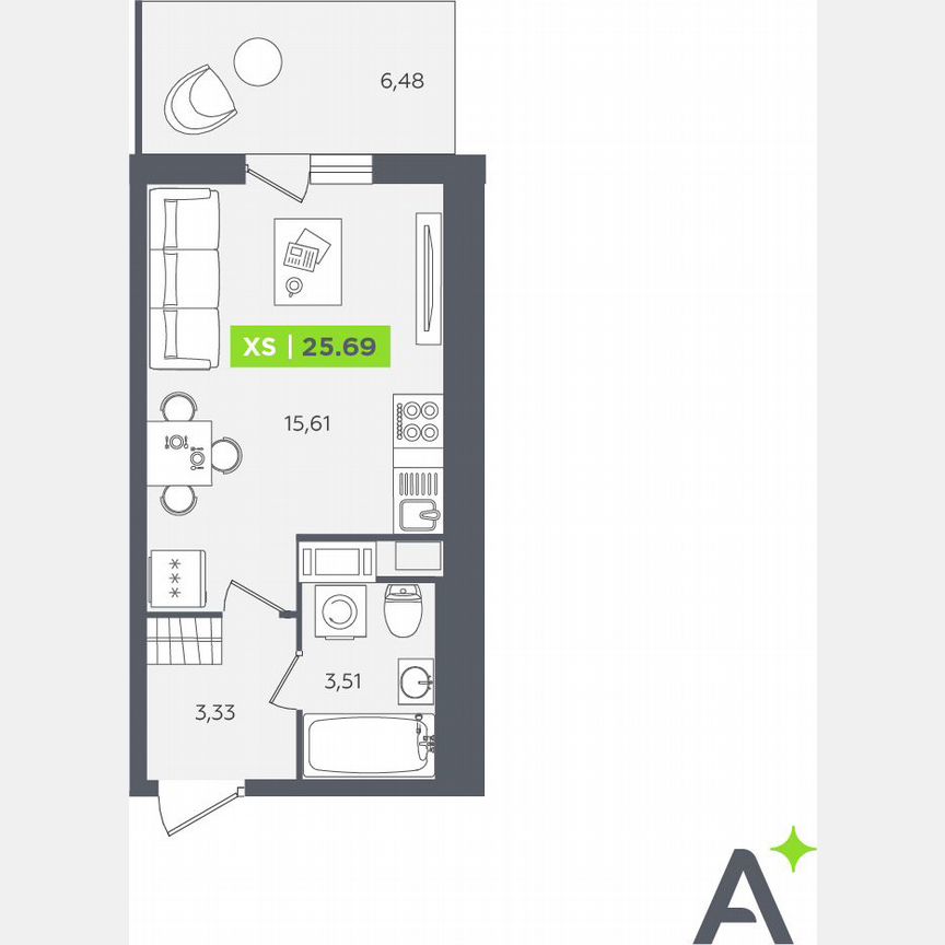 Квартира-студия, 25,7 м², 4/12 эт.