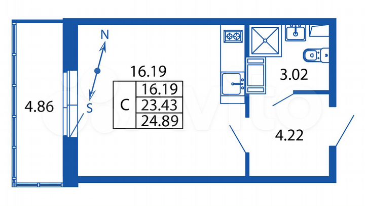 Квартира-студия, 24,9 м², 3/12 эт.