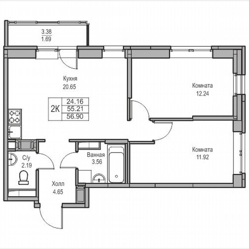2-к. квартира, 56,9 м², 19/23 эт.
