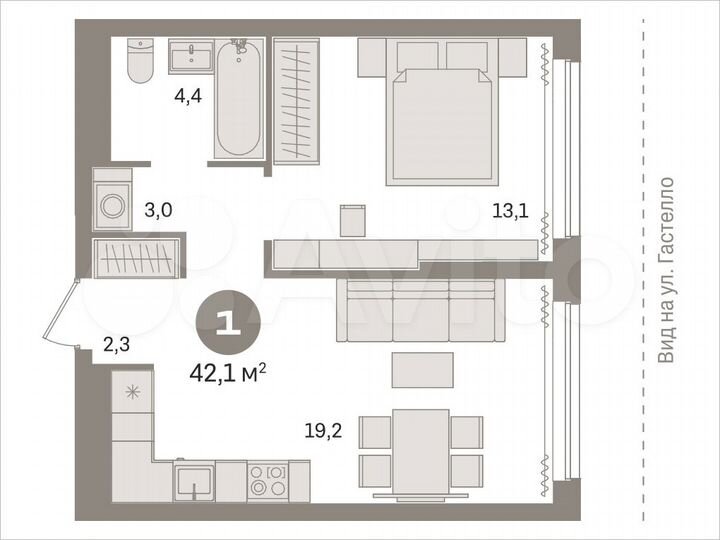 2-к. квартира, 42,1 м², 2/9 эт.