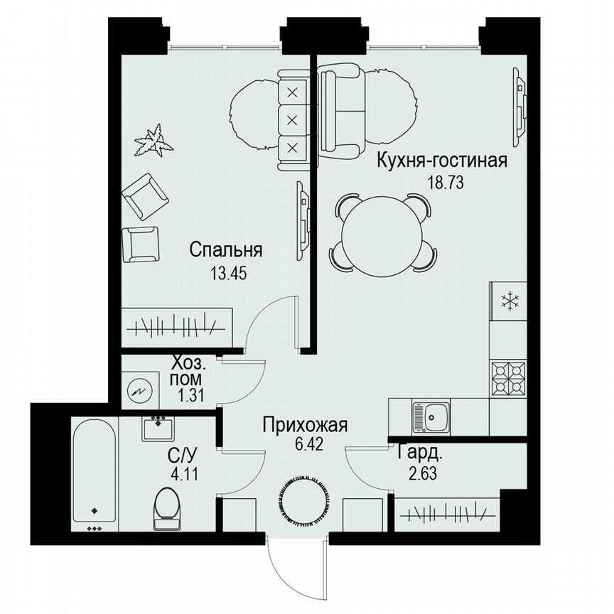 1-к. квартира, 46,7 м², 2/6 эт.