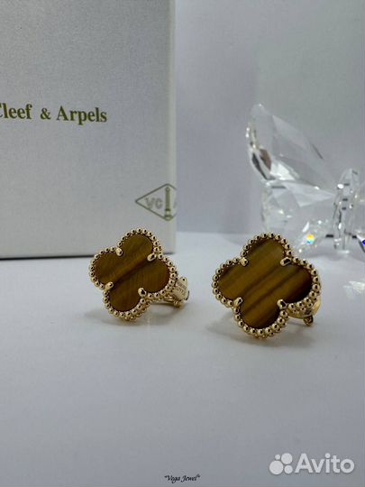 Золотые серьги Van Cleef тигровый глаз