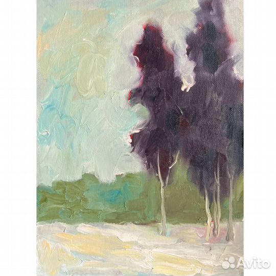 Картина маслом зимний пейзаж лес монохром