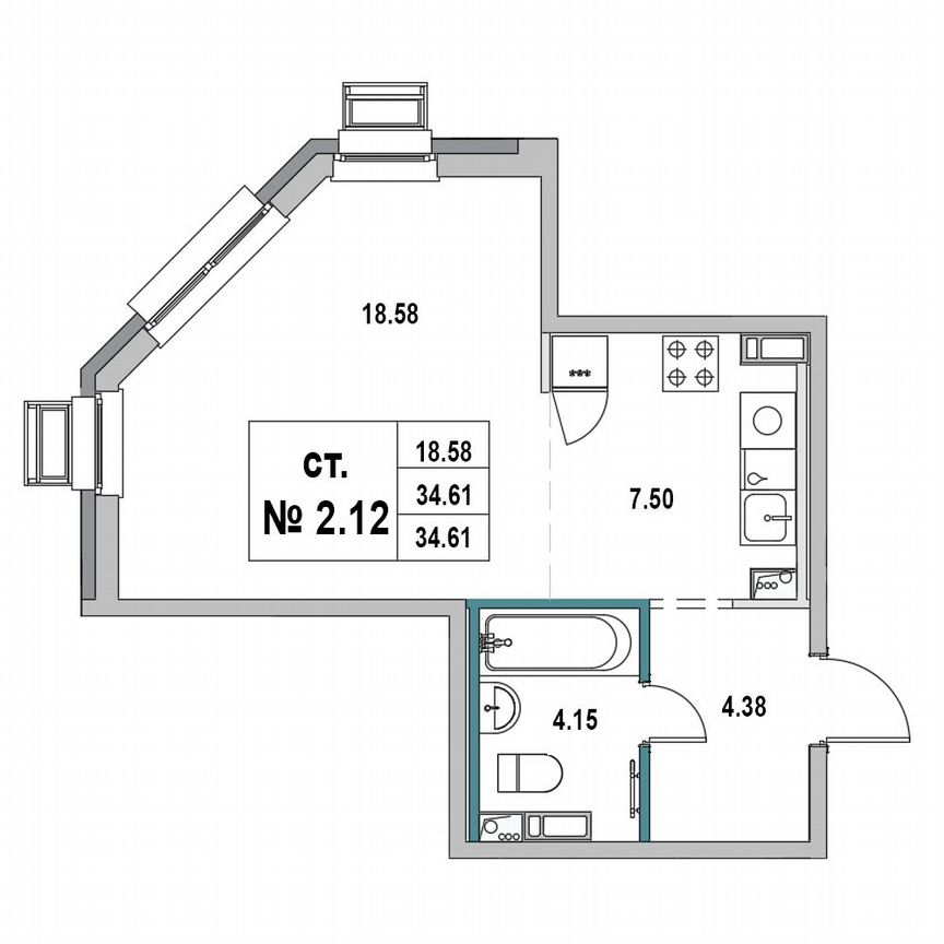 Квартира-студия, 34,6 м², 2/7 эт.
