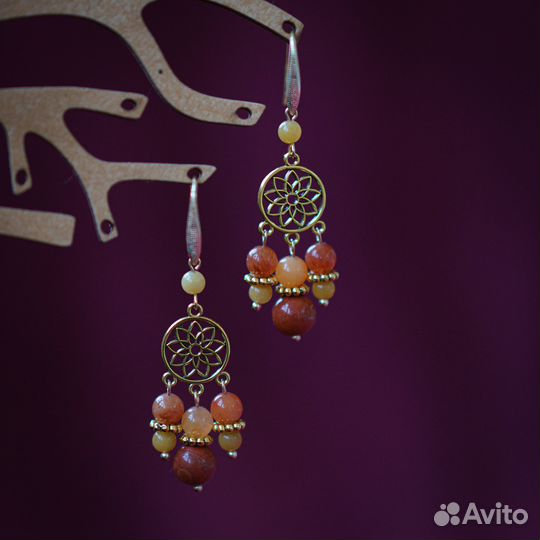 Серьги классические с камнями яшмы и кварца